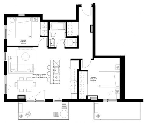 Floor plan for 2 beds, 1 bath, 912 sqft
